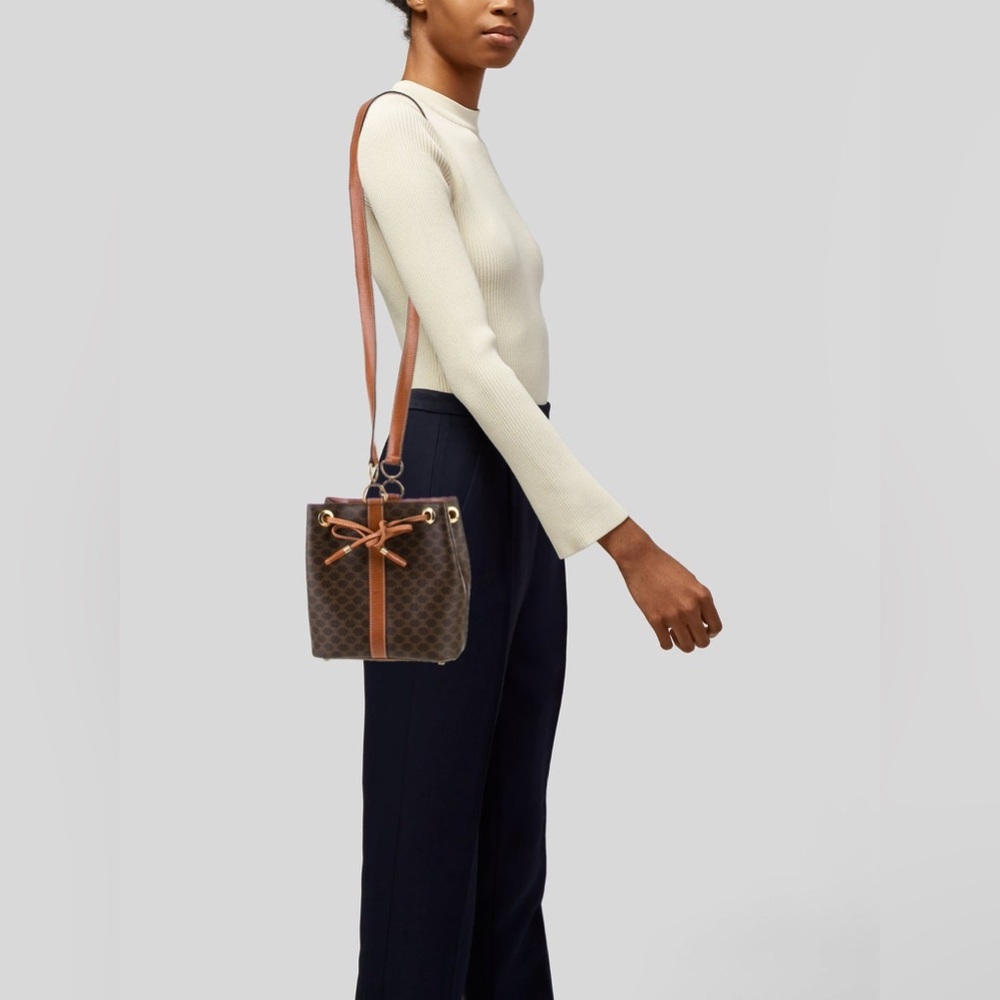 Vintage CELINE Paris Macadam Bucket Bag Brown Monogram Leather Italy 90s Bag - Picture 1 of 13